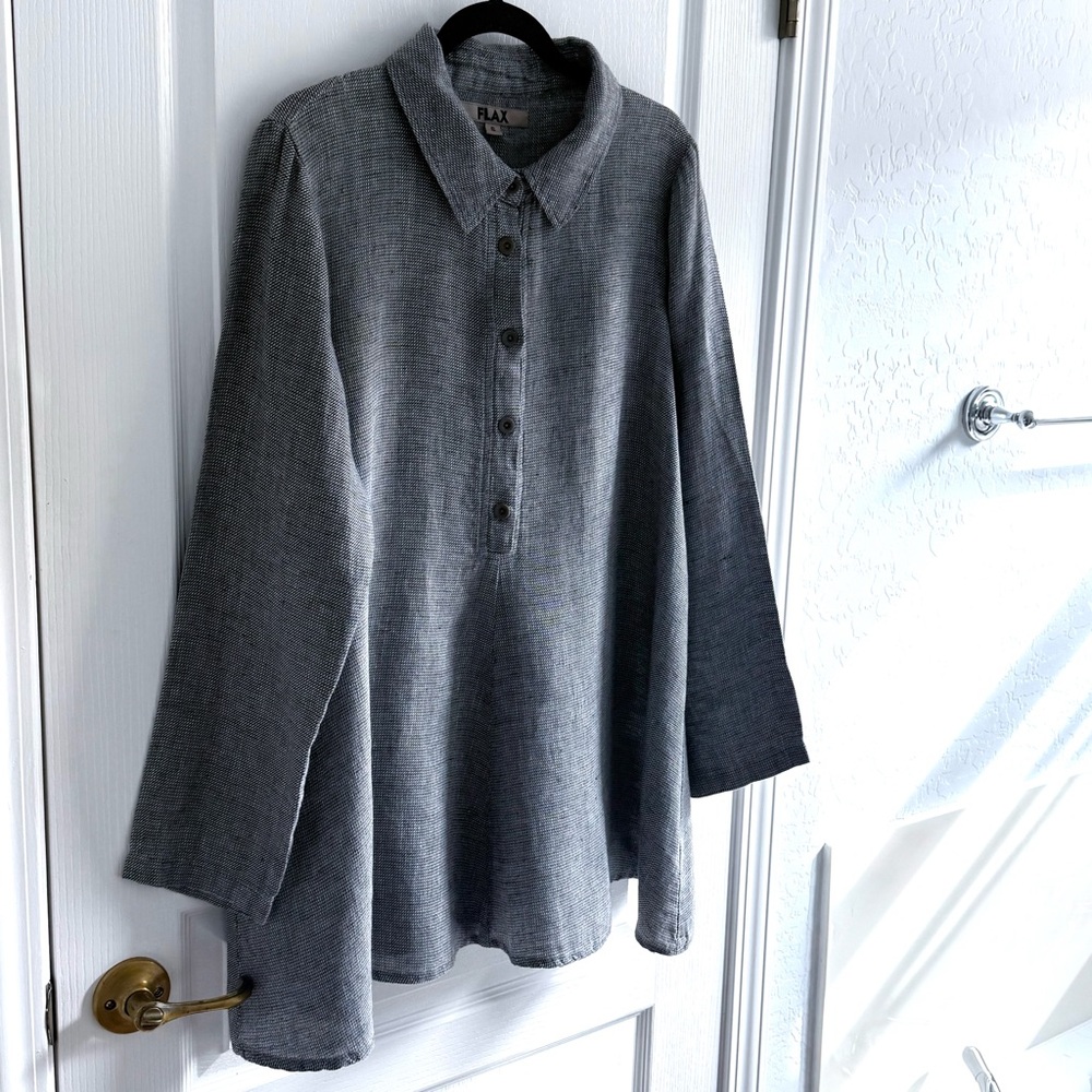 Flax Tunic Top 100% Linen Black and White Houndstooth A-line Hem Size S - Picture 3 of 13